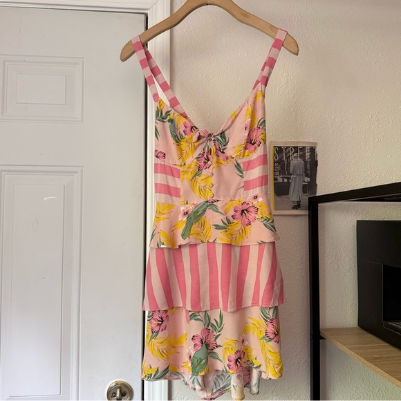 FOR LOVE & LEMONS pink floral striped ruffle criss cross back mini dress - Picture 1 of 7